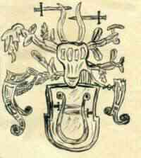 perokresba erbu rodu Pacáků(Paczaků), erb je vyobrazen na náhrobním kameni hrobky rodu Pacáků v místním kostele